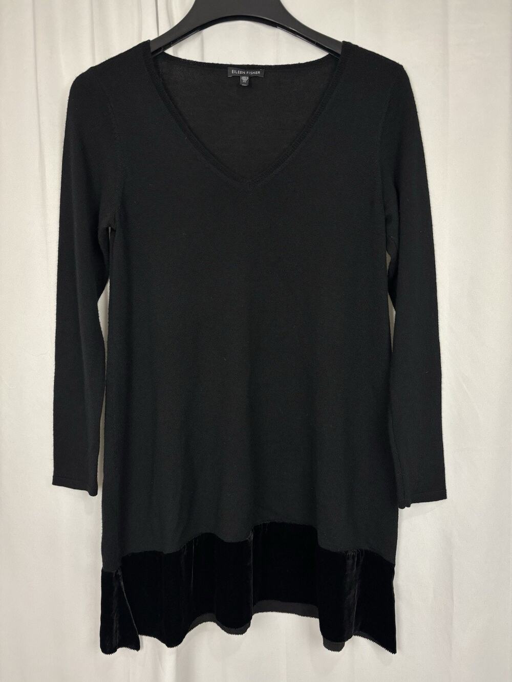 Eileen Fisher Black Merino Wool Italian Yarn Tunic Dress Velvet Trim V Neck XS